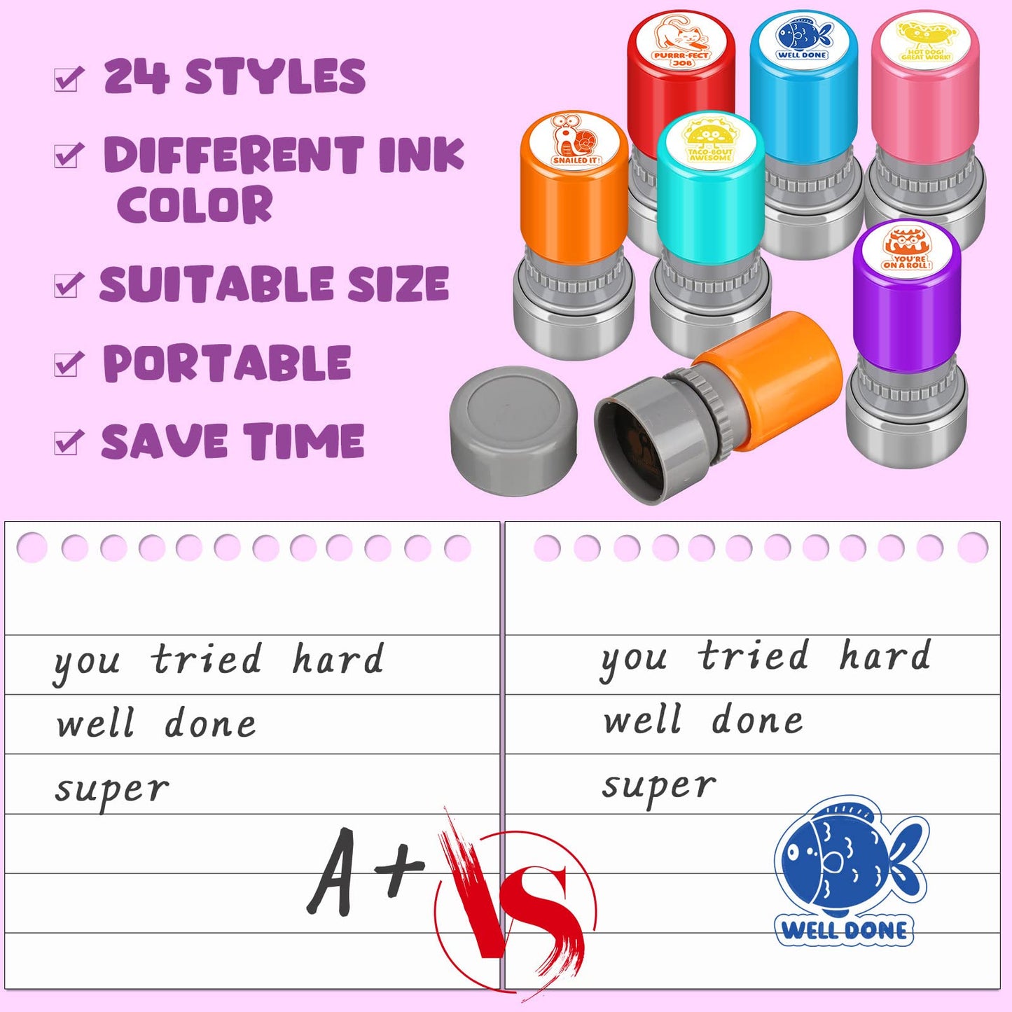 Yinder 24 Pcs Teacher Stamps for Classroom Self Inking School Classroom Stamps Gifts Bulk for Teachers Elementary Colorful Motivational Encouraging Supplies(Cute Animal)