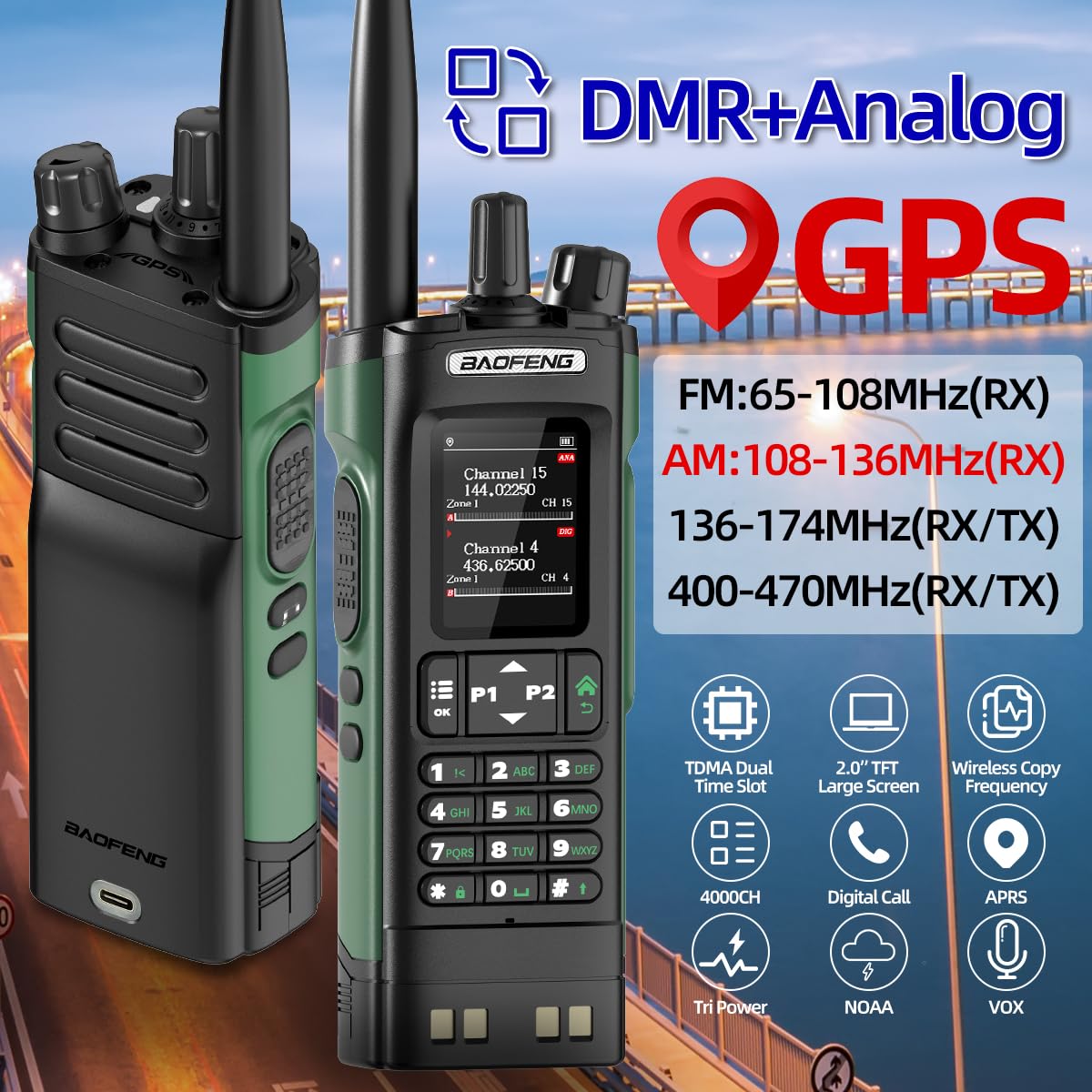 BAOFENG DM32 DMR Radio Ham Radio Handheld Rechargeable Walkie Talkies Long Range DM32UV Two Way Radio NOAA Weather Radio with GPS, Copy Frequency Battery USB-C Charger with Radio Holster (2Pack)