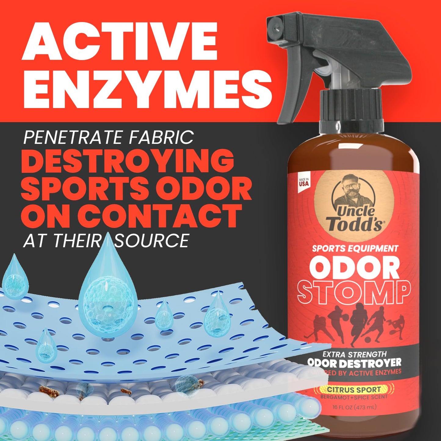 Uncle Todd’s Odor Stomp Sports Equipment Odor Eliminator Spray - Extra Strength Enzyme-Powered Deodorizer for Football, Hockey, Gym Bags, and Athletic Gear - Citrus Sport Scent - 16oz