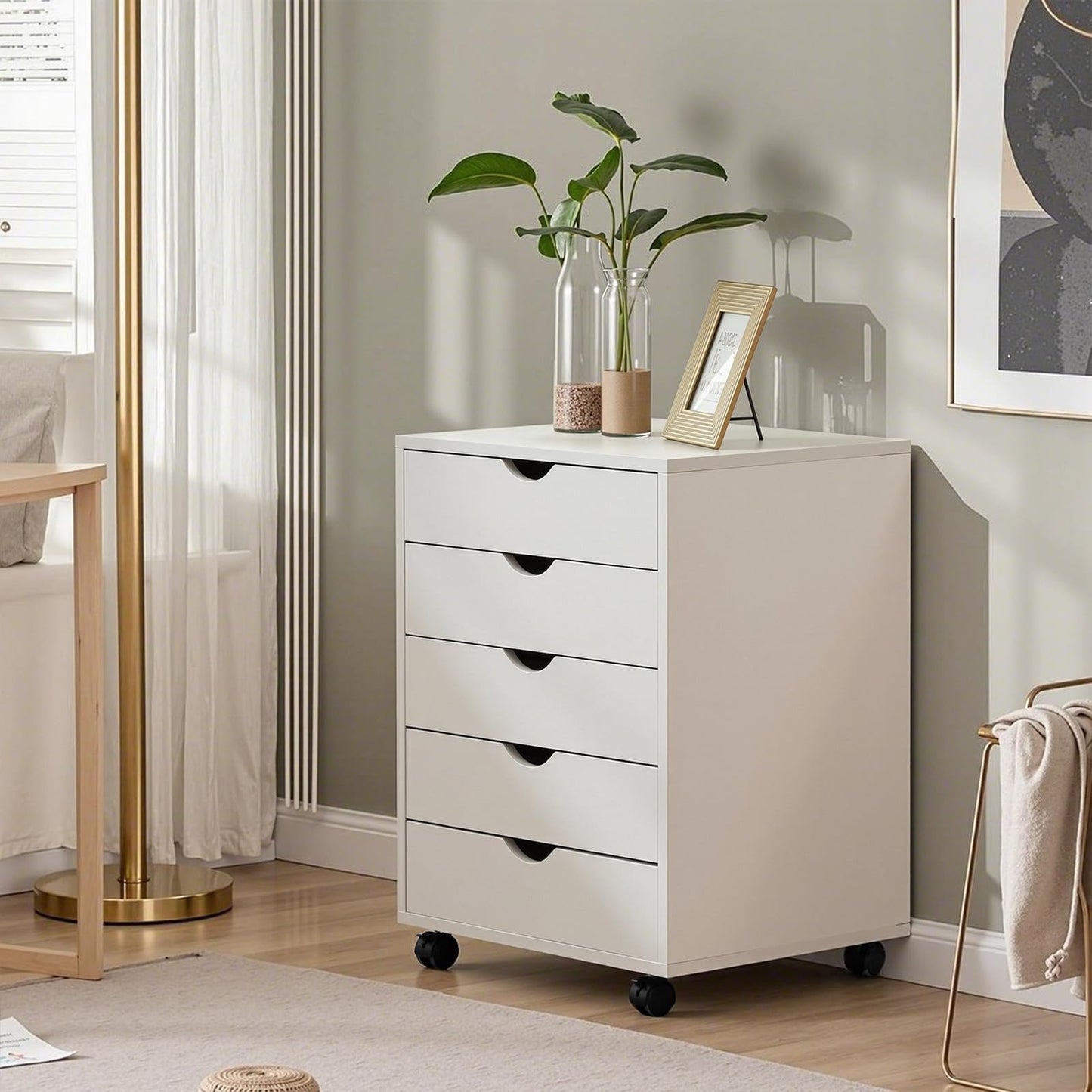 OLIXIS 5 Drawer Mobile File Cabinet Under Desk Storage Organization with Wheels Vertical Filing Chest Rolling Wood Small Desk Printer Stand for Home Office, 15.75"D x 18.74"W x 25.39"H, White