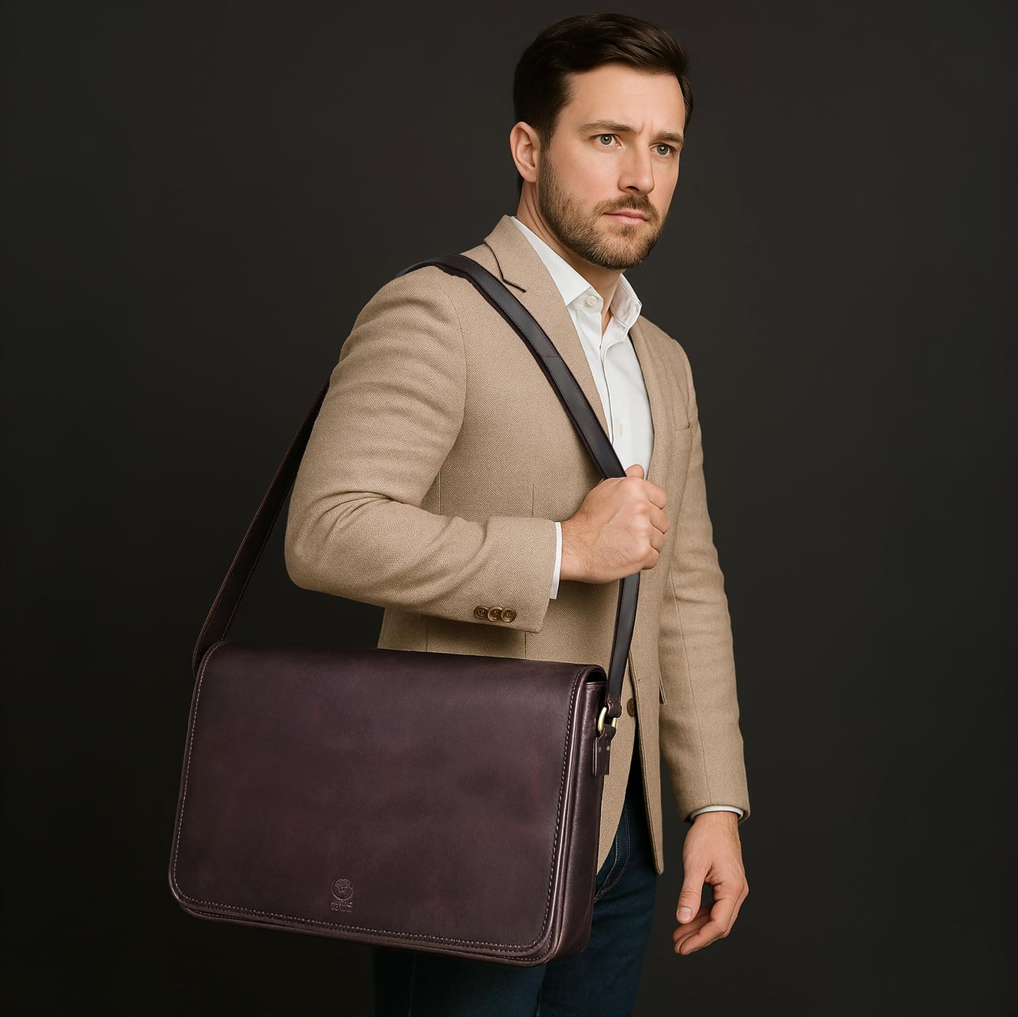 RUSTIC TOWN Leather Messenger Bag for Men Women - Full Grain Leather Laptop Satchel Office Shoulder Bag (16-Inch, Dark Brown)