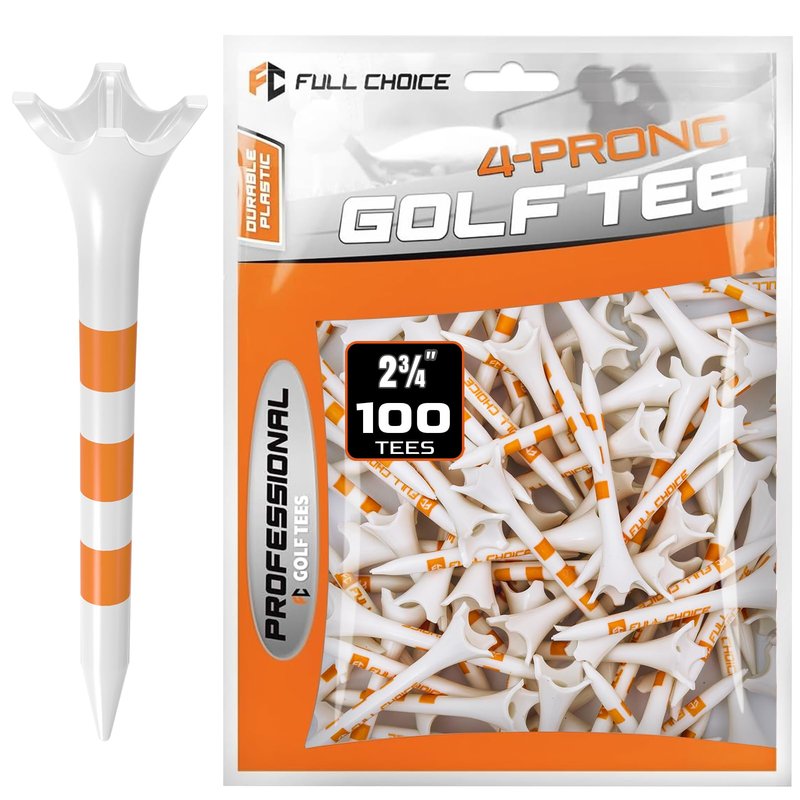 Full Choice 100 Pack Plastic Golf Tees 2-3/4" - Low Resistance Design to Reduce Friction & Boost Distance, White with Orange Stripes