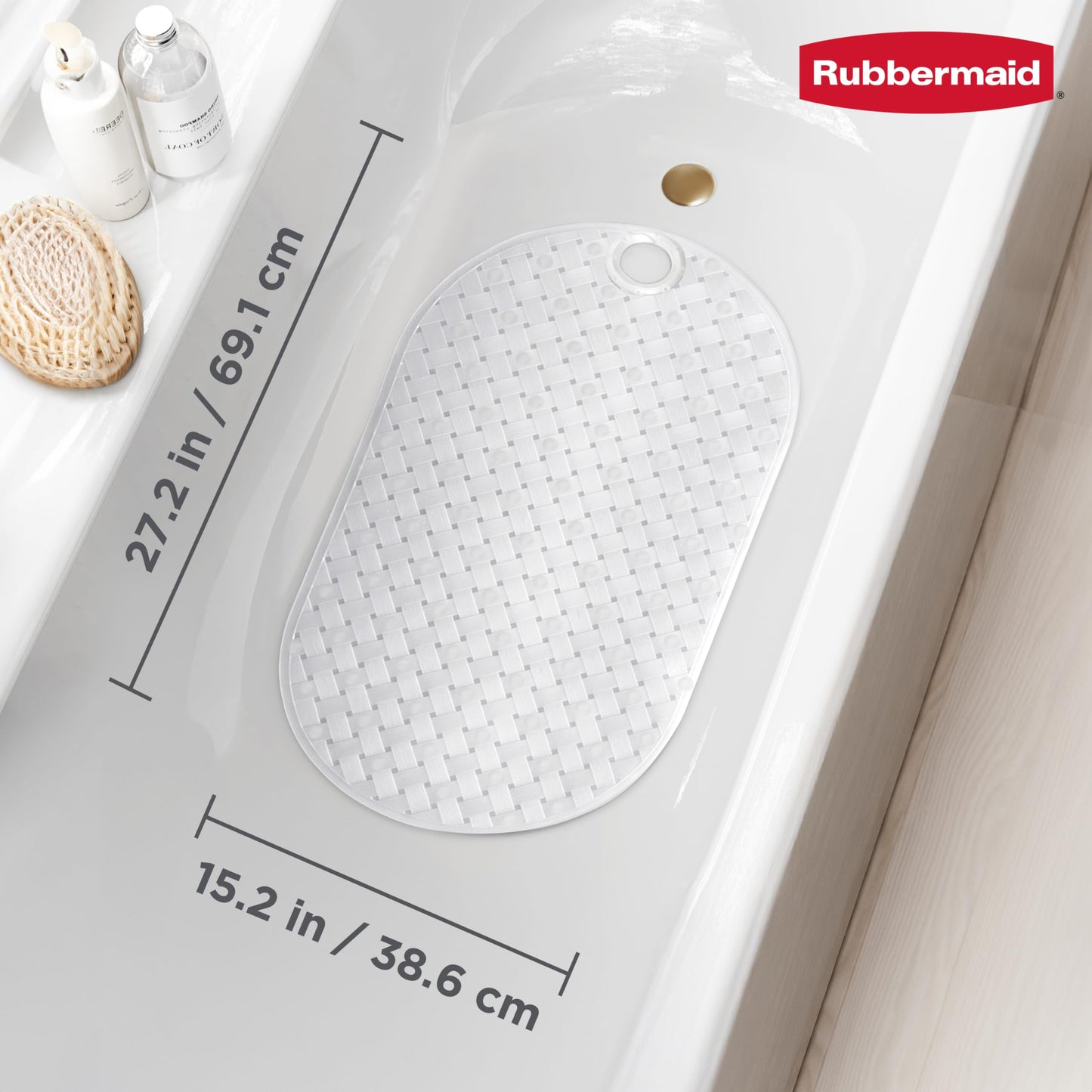 Rubbermaid INSTAMAT Bath Tub Shower Mat, Non-Slip Tub Mat with Suction Cups, Bath Mat Hangs on Showerhead for Quick Dry, 27.2 x 15.2 Inch, BPA-Free, Easy to Clean, for Inside Tub or Shower, Clear