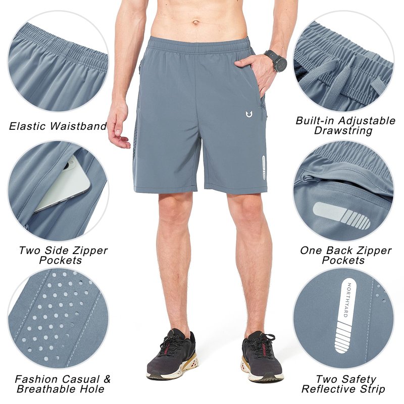 NORTHYARD Men's Athletic Running Shorts Gym Workout 7"/9"/5" Quick Dry Lightweight Sports Basketball Tennis 3 Zipper Pockets CLOUDGREY M