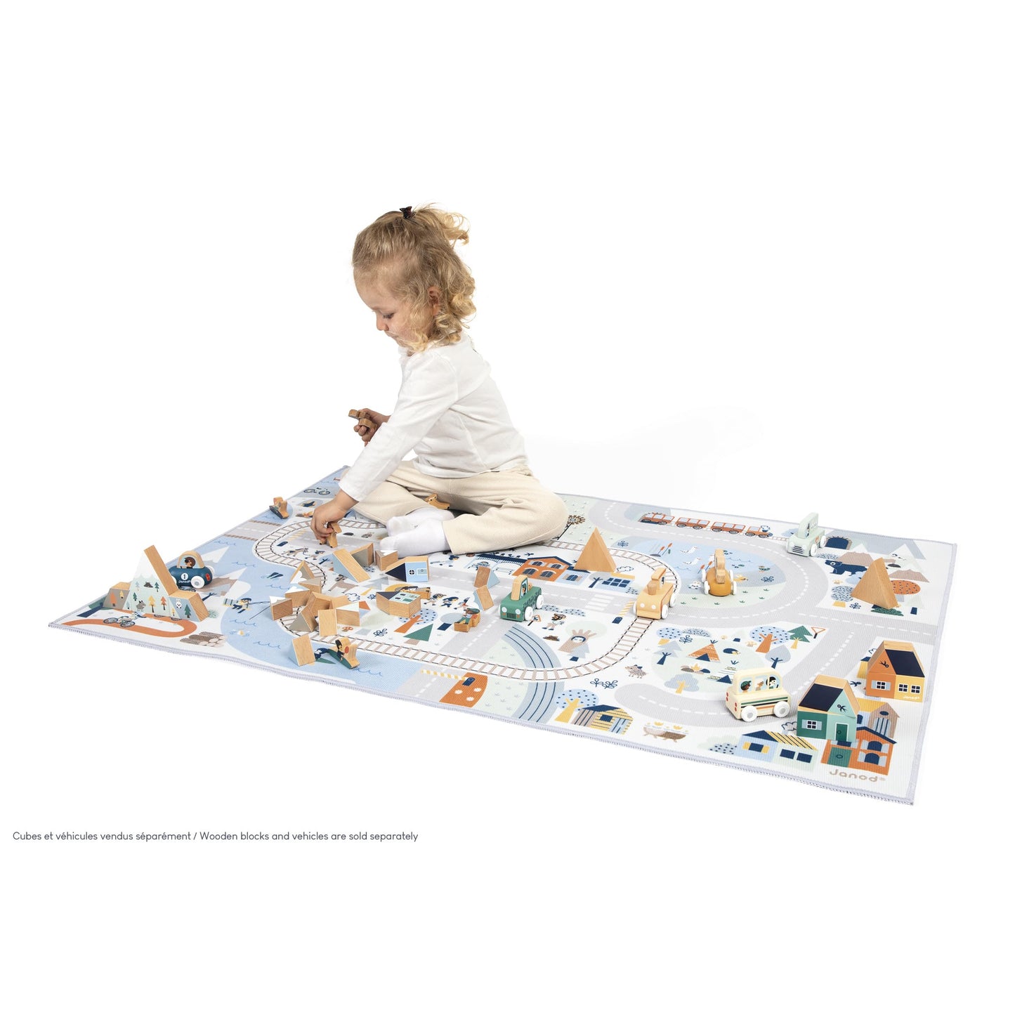 Janod - Children's Car Rug - Winter Mountain Theme - Soft & Non-Slip - Sports & Valley Pattern - Play Rug for Girls & Boys' Bedrooms - 120 x 78cm - Hand Washable - from 2 Years Old - J05940