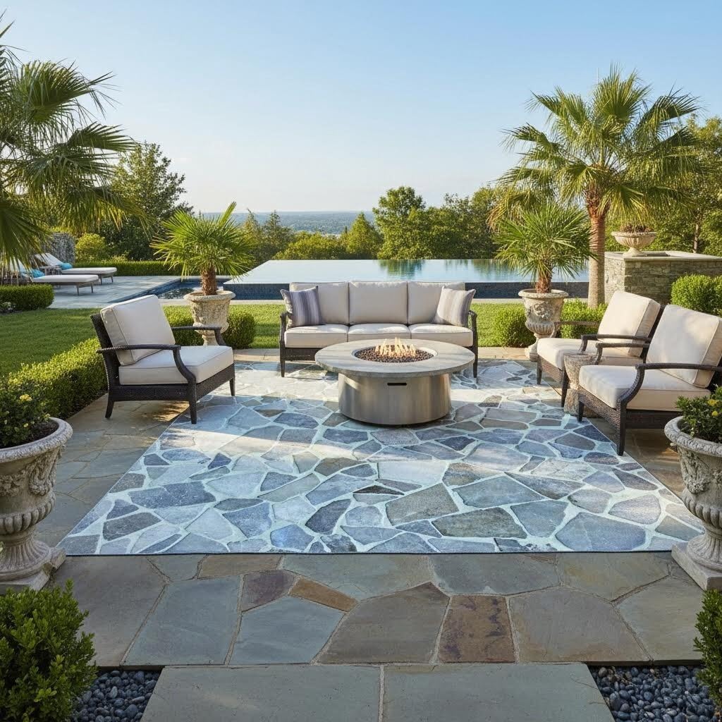 Rustic Stone Rock 5x7 Outdoor Patio Rug for Balcony Deck Garden Camping Pool RV Floor Carpets 3D Visual Illusion Home Deco Machine Washable Non Slip Waterproof Lightweight Low Pile Outside Rugs