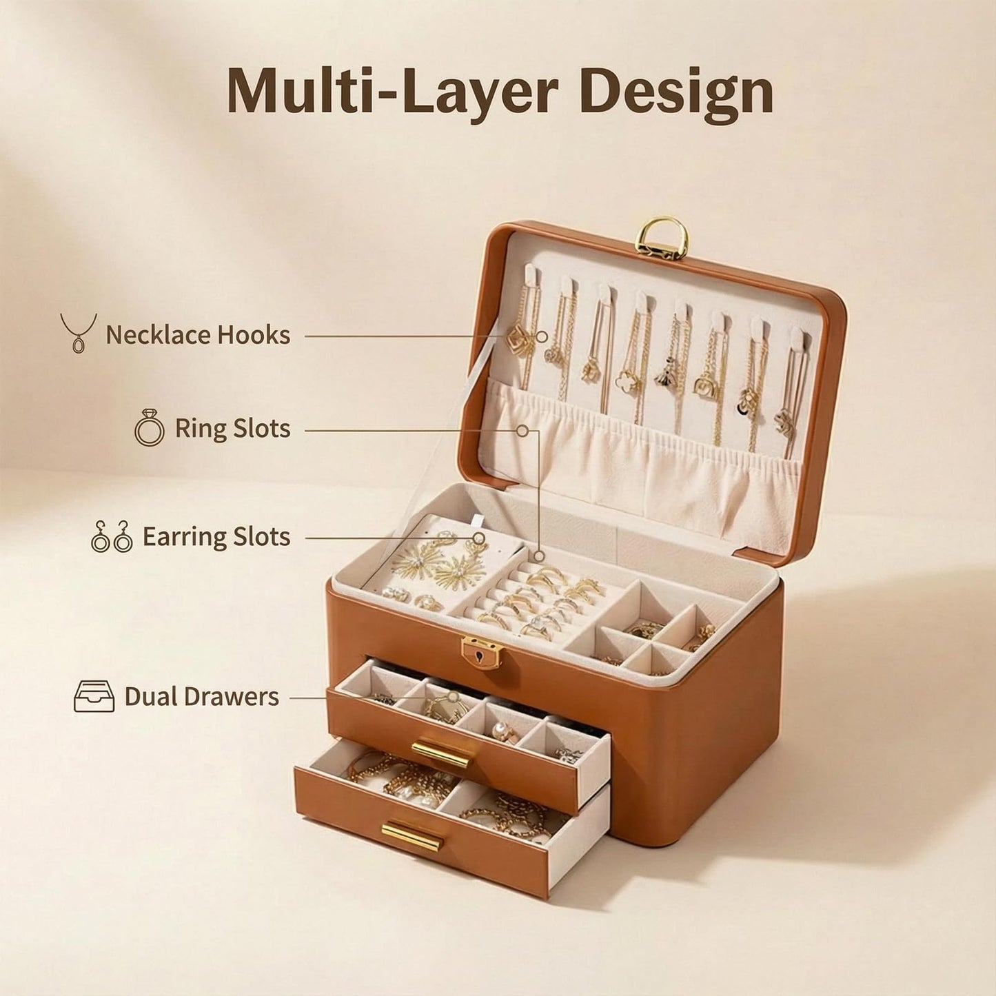 Vandozis Jewelry Box for Women, Large Dresser Top Organizer with 3 Layers & 2 Drawers, PU Leather Storage Case for Earrings, Necklaces, Rings, Giftable Vanity Box (brown)