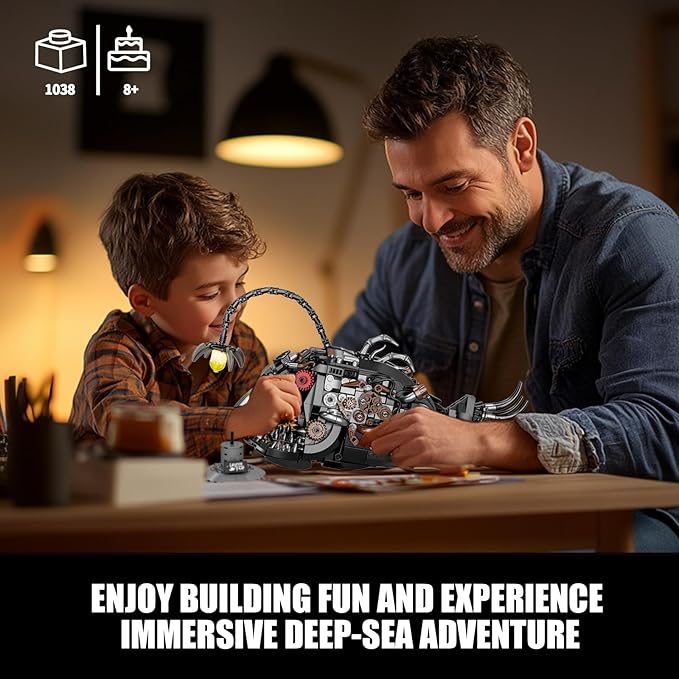Mechanical Angler Fish Building Set with Light Creative Ocean Lantern Fish Animal Toy for Home Office Decor Compatible with Lego Shark STEM Gift for Adults Teens Boys 8-14+ (1038 PCS)