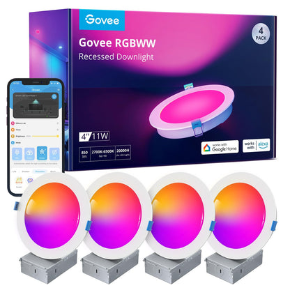 Govee Smart Recessed Lighting 6 Inch, Wi-Fi Bluetooth Direct Connect RGBWW LED Downlight, 65 Scene Mode, Canless Recessed Light Work with Alexa & Google Assistant with Junction Box, 1100 Lumen, 4 Pack