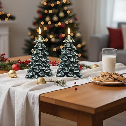 Christmas Tree Flameless Candles with 6H Timer, 2 Pcs Battery Operated LED Pillar Candle with Flickering 3D Wick, White Flocked Decoration Green Candles for Home Décor Christmas Gifts