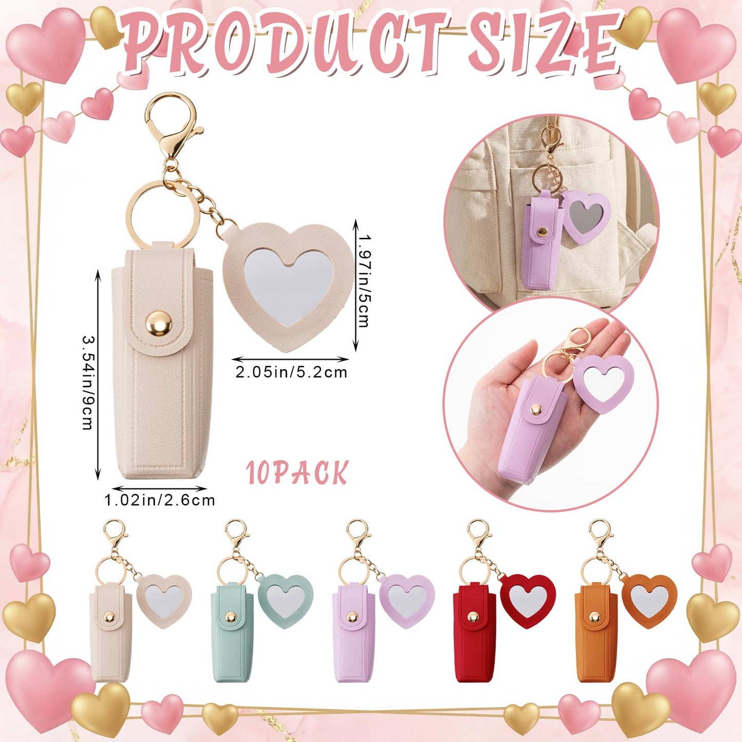 Syhood 10 Pcs Lipstick Holder Keychain Gift PU Portable Holder Gift with Heart Mirror Waterproof Makeup Lipstick Bag Key Pockets Zipper Pouch Card for Mothers Day Pouch(Novel)