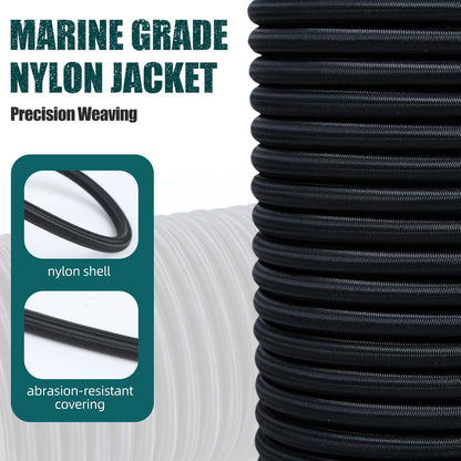 Zakous Strong and Durable Bungee Cord - 3/8" x 50ft Elastic Cord, Kayak Stretch String Rope, Bungee Shock Cords for Repairing Tent Poles, DIY, Tie Downs, Black