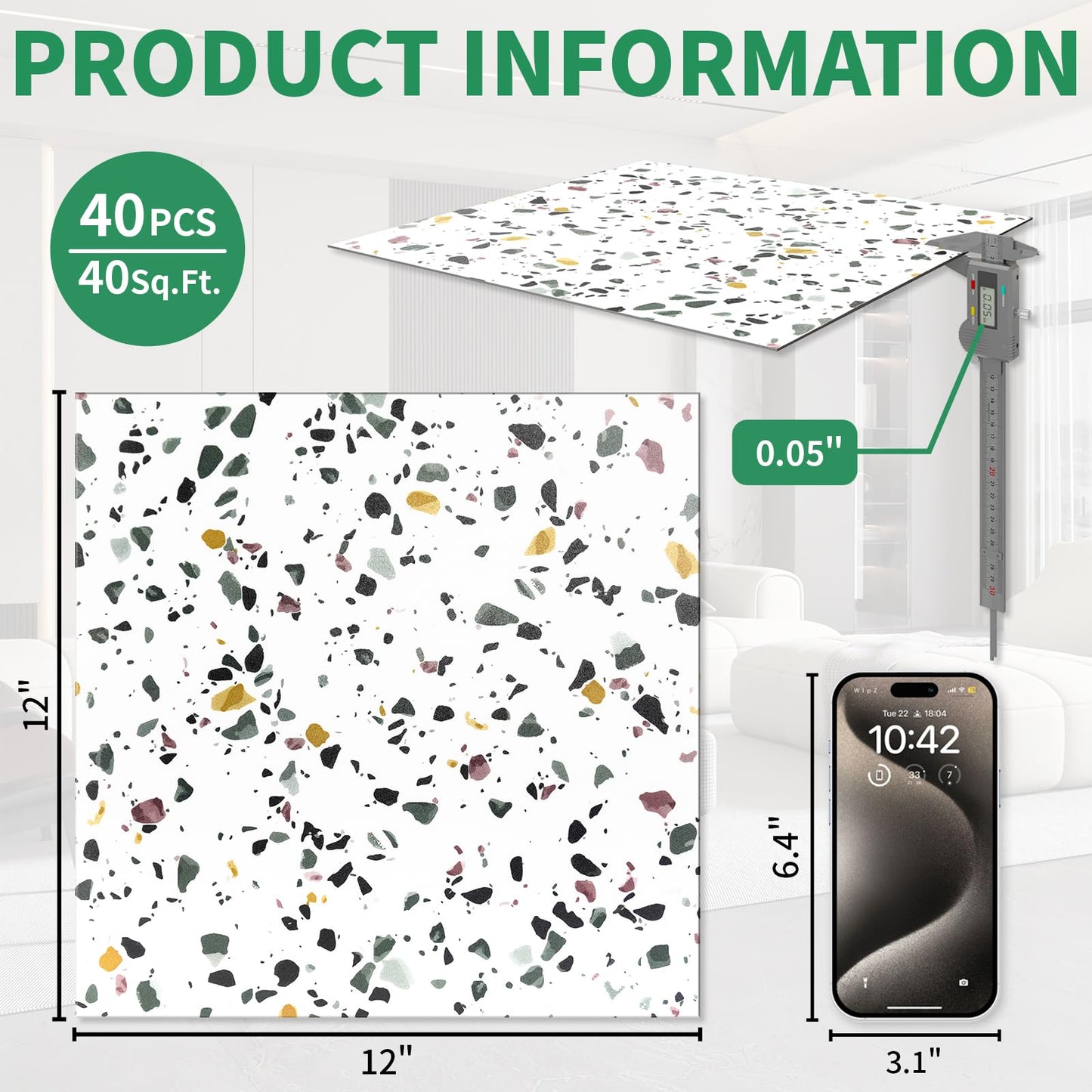 40-Pack 40 Sq.Ft Peel and Stick Floor Tiles Vinyl Matte Pattern Flooring, 12” x 12” Self Adhesive Vinyl Flooring DIY for Kitchen, Bathroom, Laundry, White Terrazzo Marble