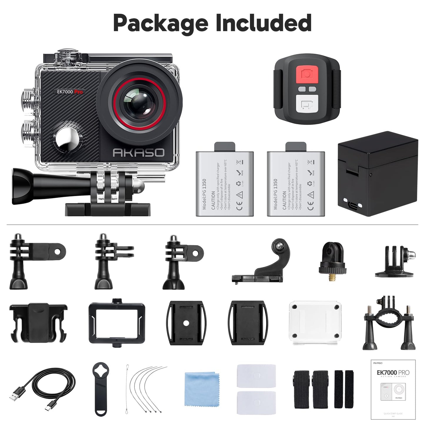 AKASO EK7000 Pro 4K30fps Action Camera with Touch Screen EIS 131ft Waterproof Underwater Camera Remote Control 5X Zoom with Helmet Accessories Kit (Standalone)