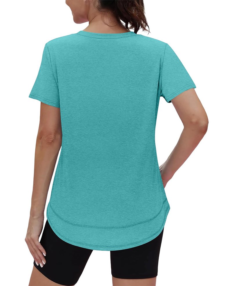 Short Sleeve Shirts for Women Workout Yoga Tops Sun Protection Clothing Summer Outfits Rash Guard Side Slit V Neck Aqua XL