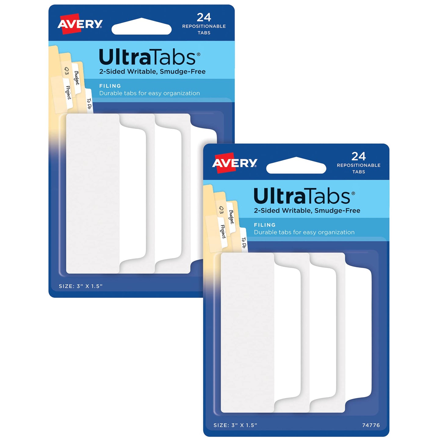 Avery Ultra Tabs, File Tabs, 3" x 1.5", 2-Side Writable, White, Self-Adhesive, 24 Per Pack, 48 Total (2-Pack of 74776)