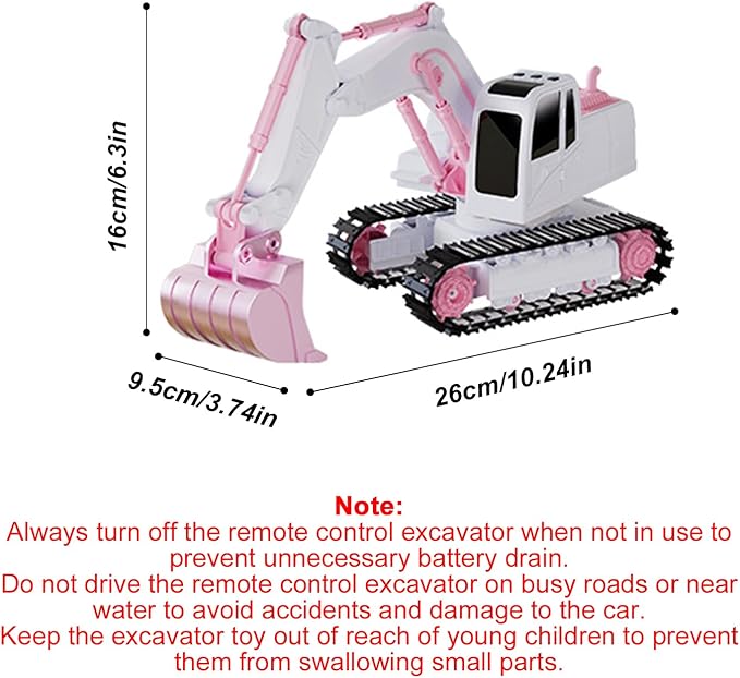 Pink RC Excavator 6 Channel 2.4Ghz RC Construction Vehicle1:24 Scale Pink Excavator Toy with 360° Rotation Light Sound and DIY Stickers Birthday Gift for Teens Adults (3 Battery)