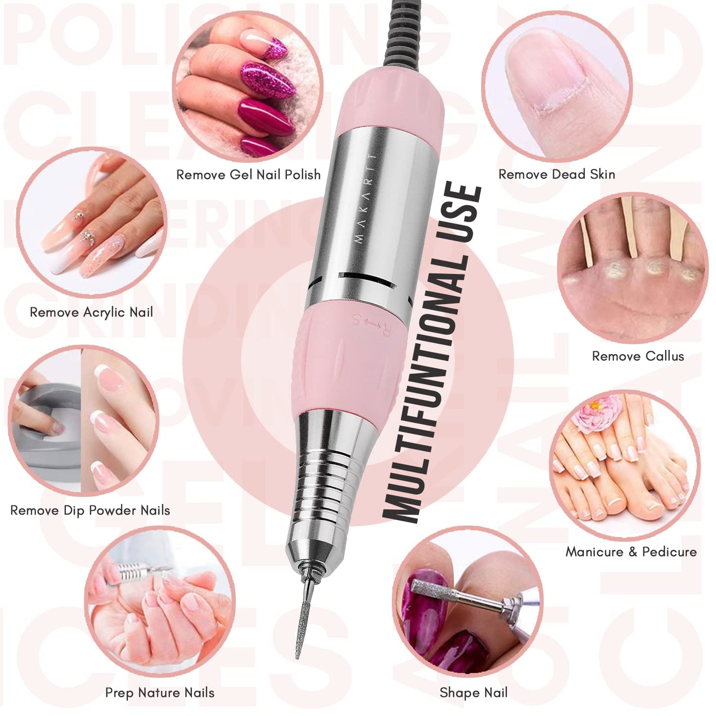 Makartt Nail Drill - Portable Electric Nail File Machine Geneviere E File Pink JD700 Professional 30000RPM Manicure Drill for Acrylic Nails Poly Nail Gel Polish Beauty Gift