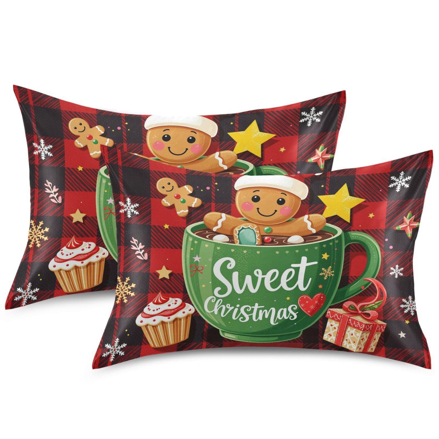 Gredecor Christmas Winter Satin Pillowcase Queen Size Sweet Gingerbread Red Black Plaid Pillow Cases Silky Pillow Cover for Home Sofa Bedroom 20x30 in