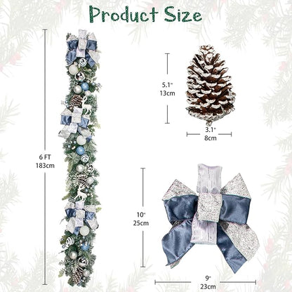 Christmas Garland for Front Door, 6 Foot Artificial Unlit Winter Garland with Pine Cones, Berry Clusters, Blue Ball Ornaments and Ribbons for Thanksgiving Holiday Christmas Decoration