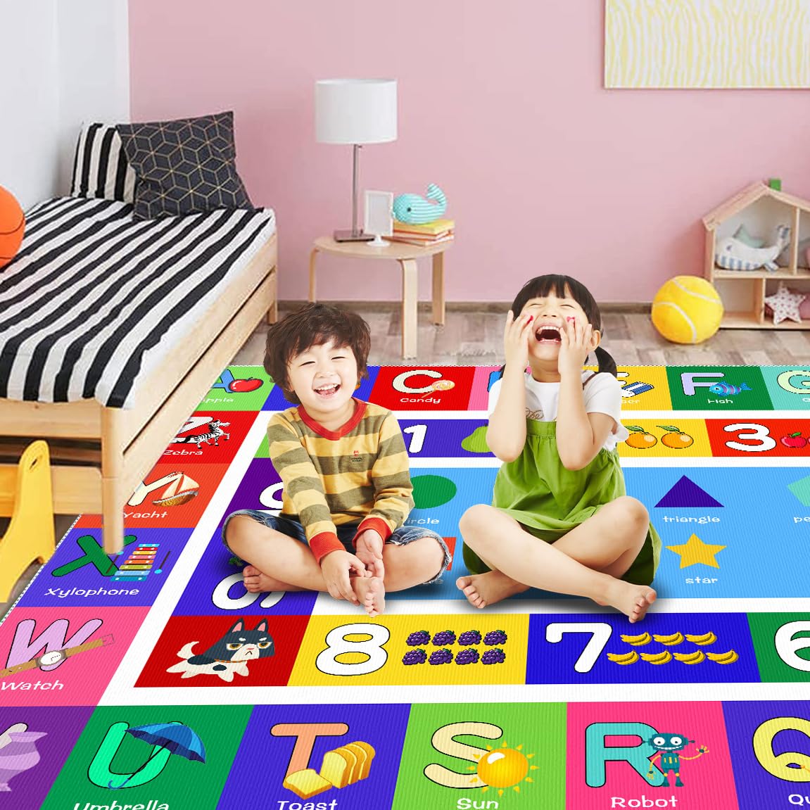 Sejiarep ABC Kids Play Rug - Number Alphabet Shape Fruit Learning Educational Area Rug - Large Non-Slip Kids Room Play Mat (Alphabet, 4' x 2'7" (Rectangular))