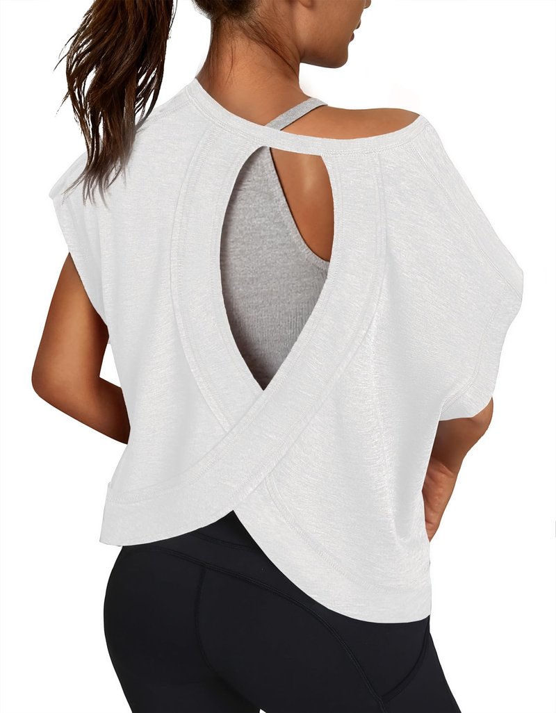 3rd hill Women Open Back Workout Shirts Short Sleeve Tops Casual Yoga Y2k Athletic Gym Running Crop Tees White S