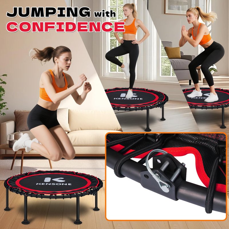K KENSONE 40" Foldable Rebounder Trampoline for Adults with Bungee, 450 LBS Quiet Indoor Mini Trampoline for Adults Fitness, Gym Workout, Home Exercise, Red