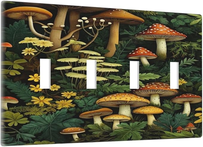 Mushrooms Forest Nature Botanical Art Light Switch Covers Quad Toggle 4 Gang Wall Plate Decorative Switchplate Electrical Faceplate for Farmhouse Living Decor