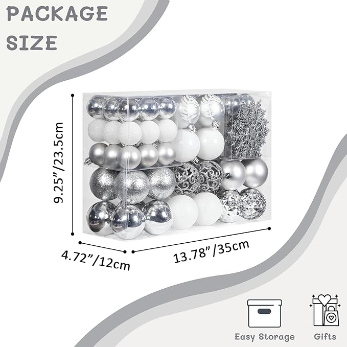 SY CRAFT 86 Pieces of Assorted Shatterproof Christmas Ball Snowflake Ornaments Seasonal Decorative Hanging Ornament Set with Hand-held Gift Package for Xmas Tree Decorations (86PCS, Silver)