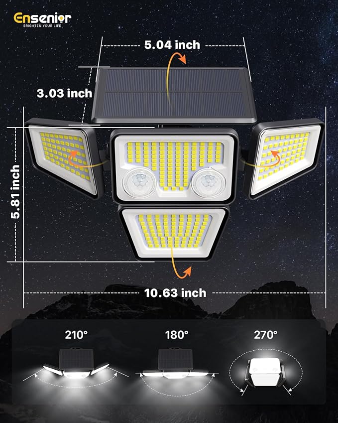 Ensenior Solar Lights Outdoor, IP65 Waterproof Motion Sensor Outdoor Light with Remote Control, 279 LED 4 Heads Solar Security Light with 4 Mode, 270° Wide Angle Solar Flood Light for Outside, 4 Packs