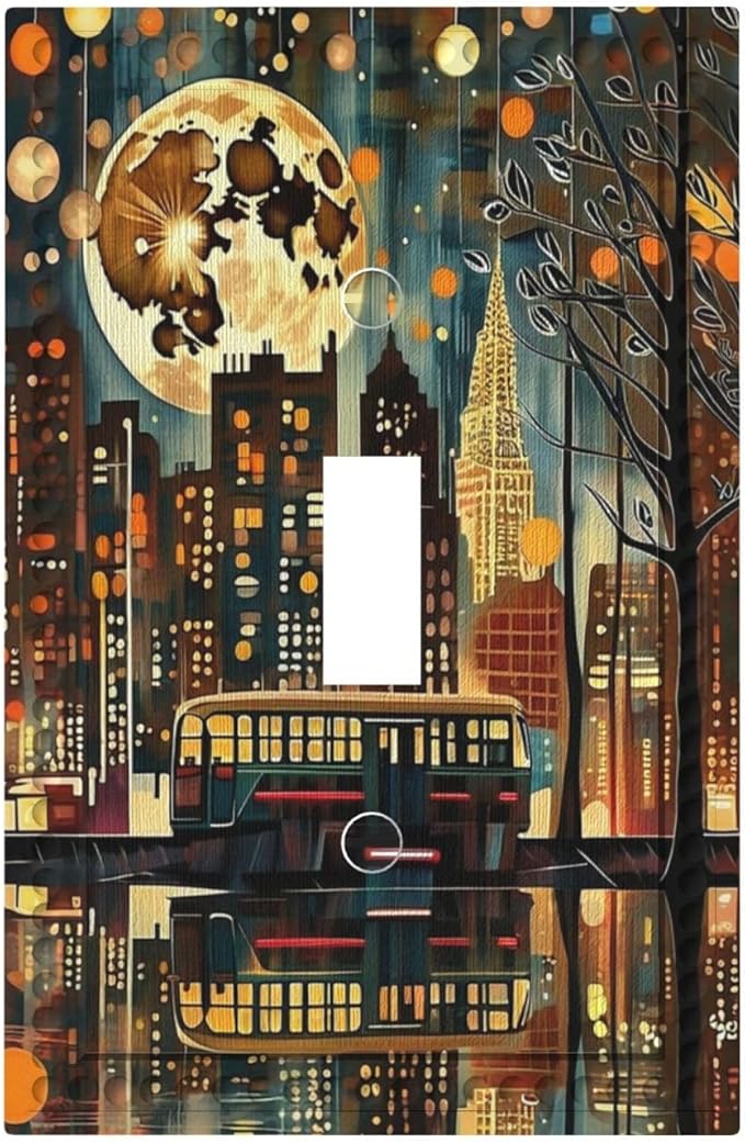 City Light Moon Bus Abstract Art Light Switch Covers 1 Gang Single Toggle Wall Plate Decorative Switchcover Electrical Switchplate for Country Living Decor