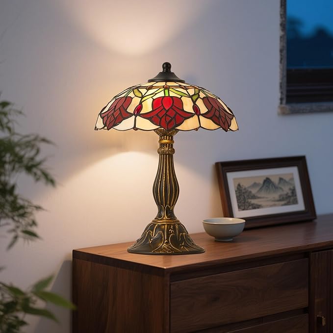 Tiffany Style Table Lamp, 12 inch Tiffany Style Stained Glass Table Lamp Bed Room Bedside Reading Desk Light for Living Retro Unique Cute Accent Decor Cottage Village Nightstand Lamps
