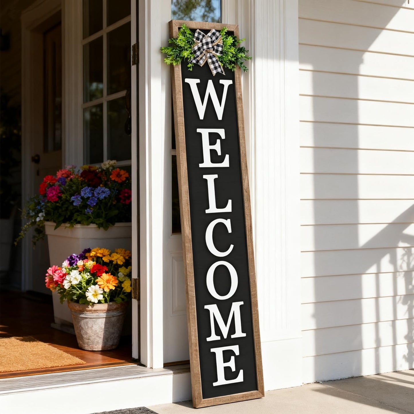 3D Outdoor Welcome Sign for Front Porch Standing 45"X9" Large Rustic Farmhouse Leaner Tall Vertical Soild Wooden Framed Plaque Modren Beautiful Outside Home Front Door Decorations (Wood Black)