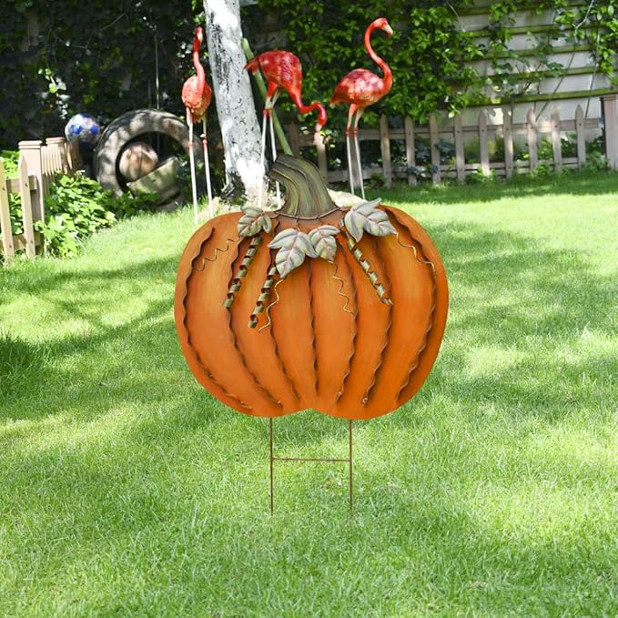 Metal Pumpkin Stakes Yard Signs Fall Decor Decorative Garden Stake Lawn Pumpkins Ornaments Outdoor Autumn Decoration for Harvest Halloween Thanksgiving (26" H Orange)