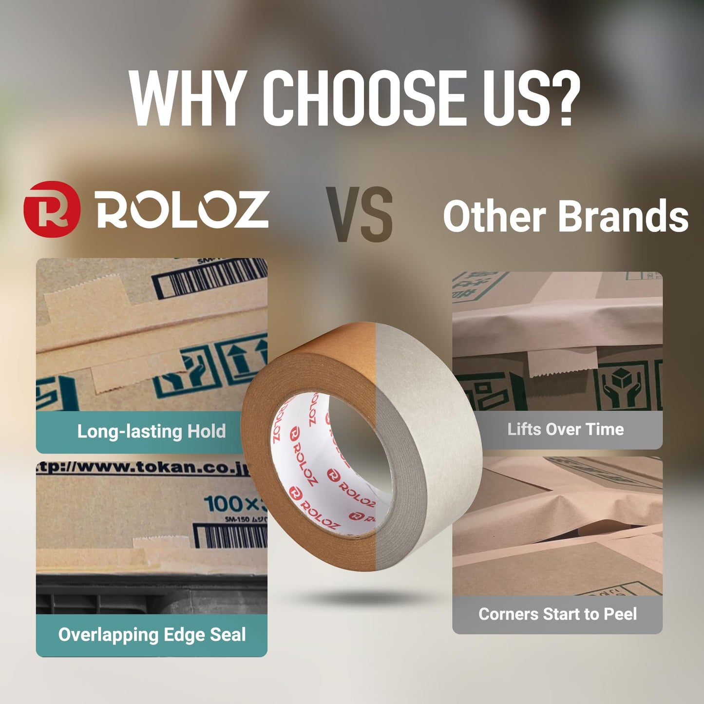 Roloz Brown Kraft Paper Packing Tape 6-Pack 2in x 44 yd – Strong Adhesive, Hand-Tearable, Writable Shipping Tape for Boxes – Ideal for Packing, Moving, Storage, Mailing, and Shipping
