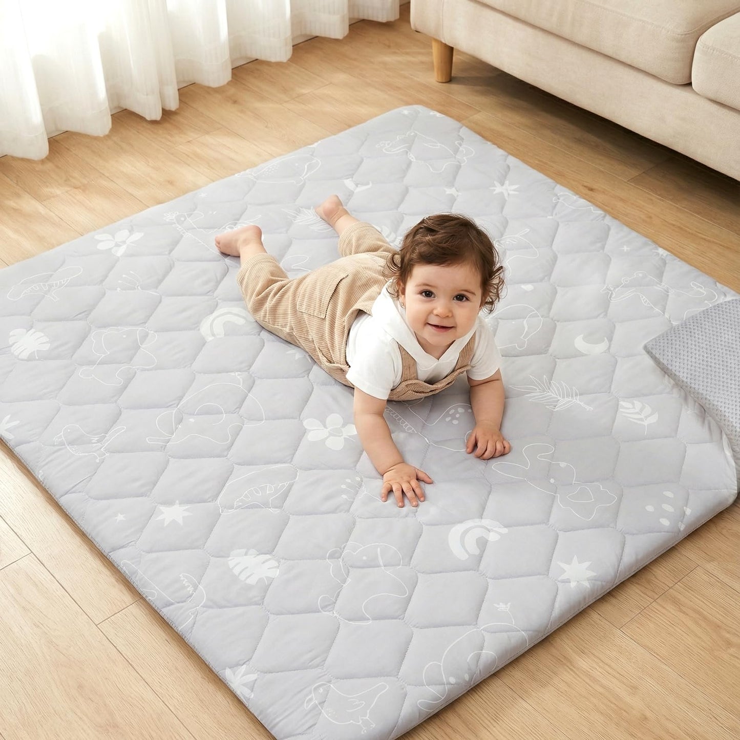 Joypony Baby Play Mat for Floor 50×50in, Quilted 1.6in Extra Thick Crawling Mat for Toddlers, Non-Slip Kids Play Mats for Playpen with Washable Removable Cover, Forest