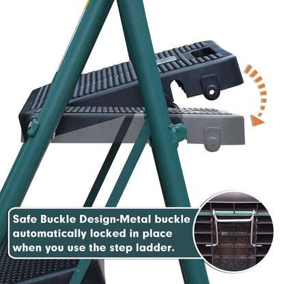 HBTower 2 Ladder, 5FT Folding Step Stool with Wide Anti-Slip Pedal, Sturdy Steel Ladder, Convenient Handgrip, Lightweight 500lbs Portable, Green
