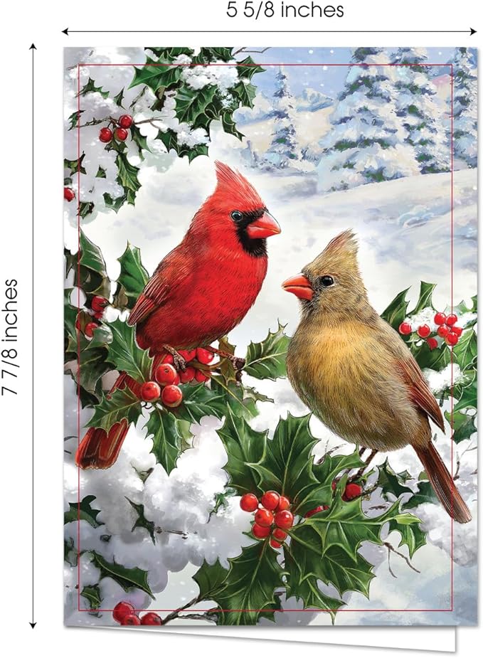 Masterpiece Cardinal Couple Christmas Cards / 16 Festive Holiday Cards With Coordinating White Envelopes Set / 5 5/8" x 7 7/8" Winter Cardinals Greeting Cards With Inside Verse/Made In The USA