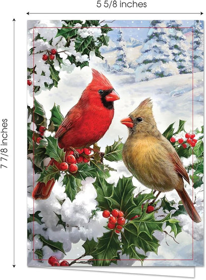 Masterpiece Cardinal Couple Christmas Cards / 16 Festive Holiday Cards With Coordinating White Envelopes Set / 5 5/8" x 7 7/8" Winter Cardinals Greeting Cards With Inside Verse/Made In The USA