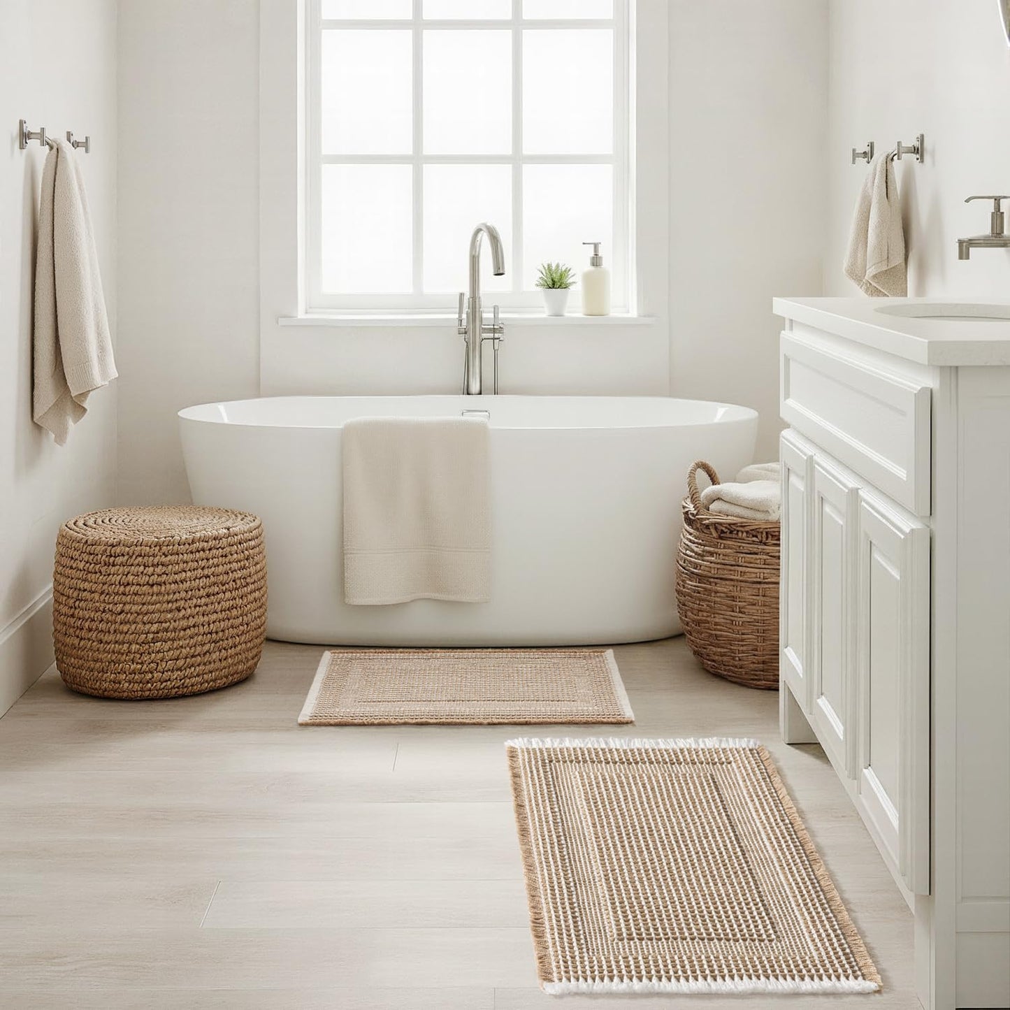 MIULEE Set of 2 Waffle Bathroom Rugs, Boho Bath Rug Super Absorbent, Non Slip Washable Ultra Soft Rubber Backed Beige Bath Mats for Floor, Tub, Shower, Looped Design, Brown & Cream, 17"x24"+18"x30"