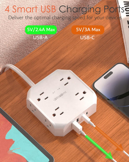 2 Prong Power Strip, WRXDMC 2 Prong to 3 Prong Outlet Adapter,1400J Two Prong Surge Protector, 5ft Extension Cord, 8 AC Outlets with 2 USB C Port and 2 USB A Port, Wall Mountable, Ideal for Old House