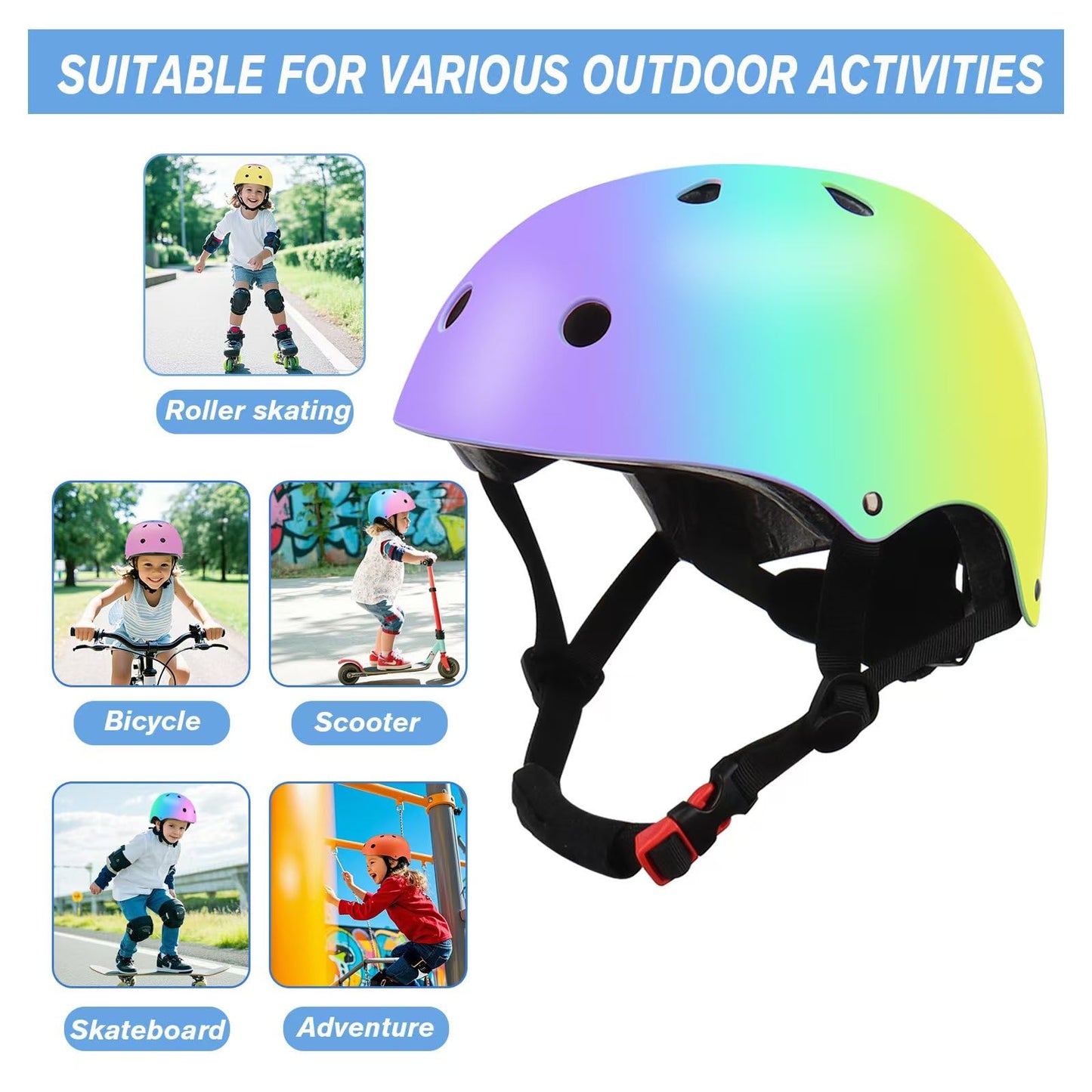 Color Gradient Adjustable Kids Bike Helmet with Knee & Elbow Pads Set | Multi-Sport Safety Gear for Boys & Girls Ages 5-14 | Skateboarding, Scooters, Roller & Inline Skating, Longboarding