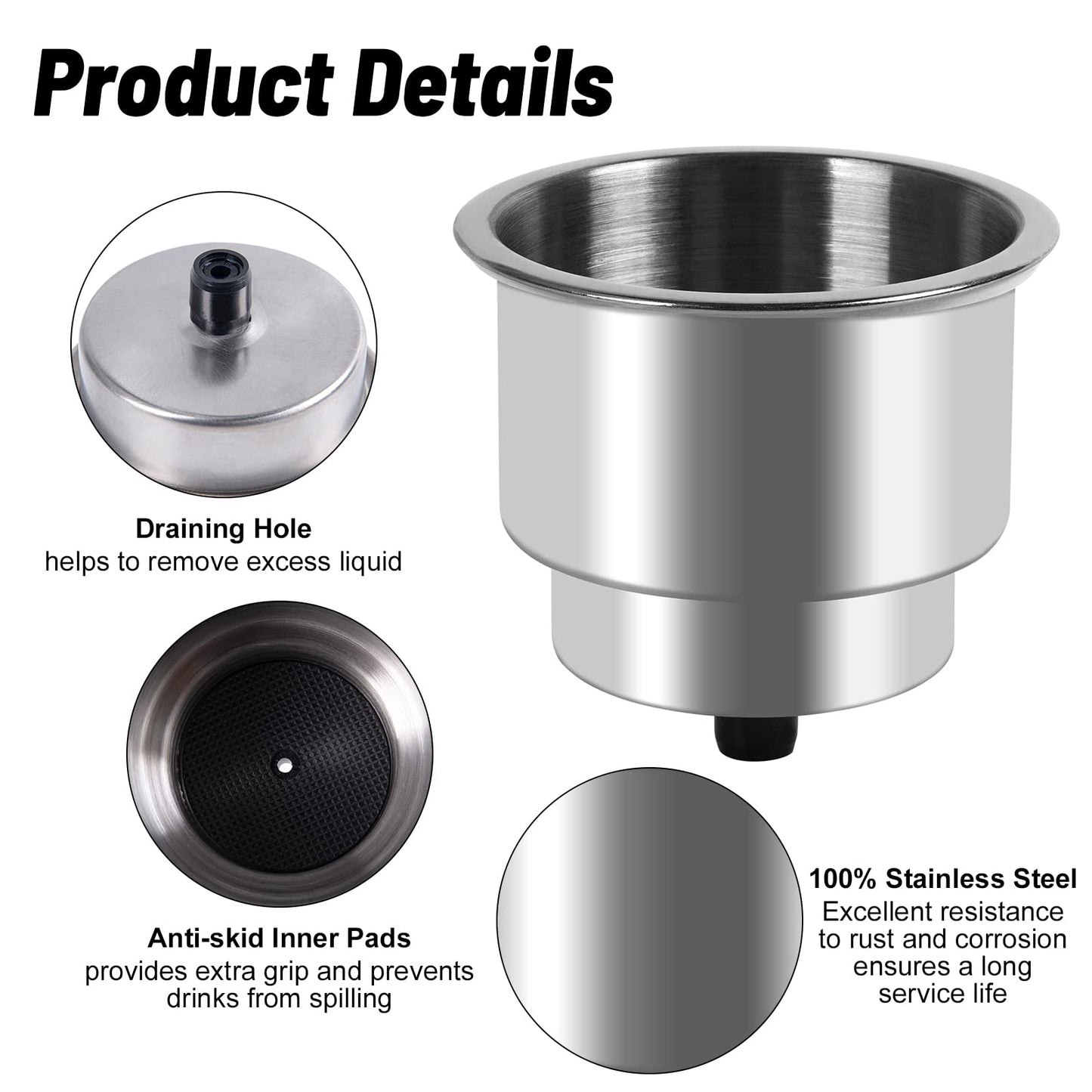 Goture Stainless Steel Cup Drink Holder with Drain Marine Boat RV Camper Rod