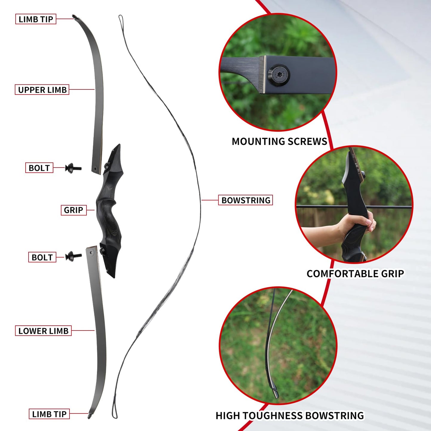 Black Hunter Recurve Bow 60" Right-Handed Bow Ergonomically Designed for Comfortable Grip Suitable for Beginners and Longbow Enthusiasts to Train Or Hunt (35LB Bow Without Arrow Set)