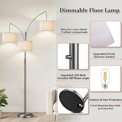 Nintiue Dimmable Floor Lamp - 3 Lights Brushed Nickel Arc Floor Lamps for Living Room,1000LM Modern Tall Standing Lamp with White Shades,Mid Century Tree Floor Lamp for Bedroom,3 LED Bulbs Included