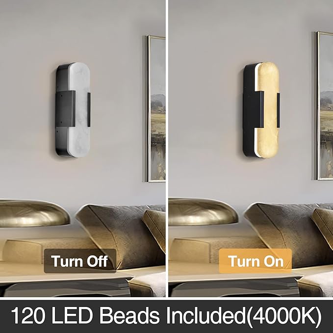 13.8 inch Black Alabaster Wall Sconces Set of 2, Natural Marble Wall Lighting, Bedside Wall Lamp, Indoor Vanity Light Fixtures for Hallway, Bathroom Living Room (Including LED)