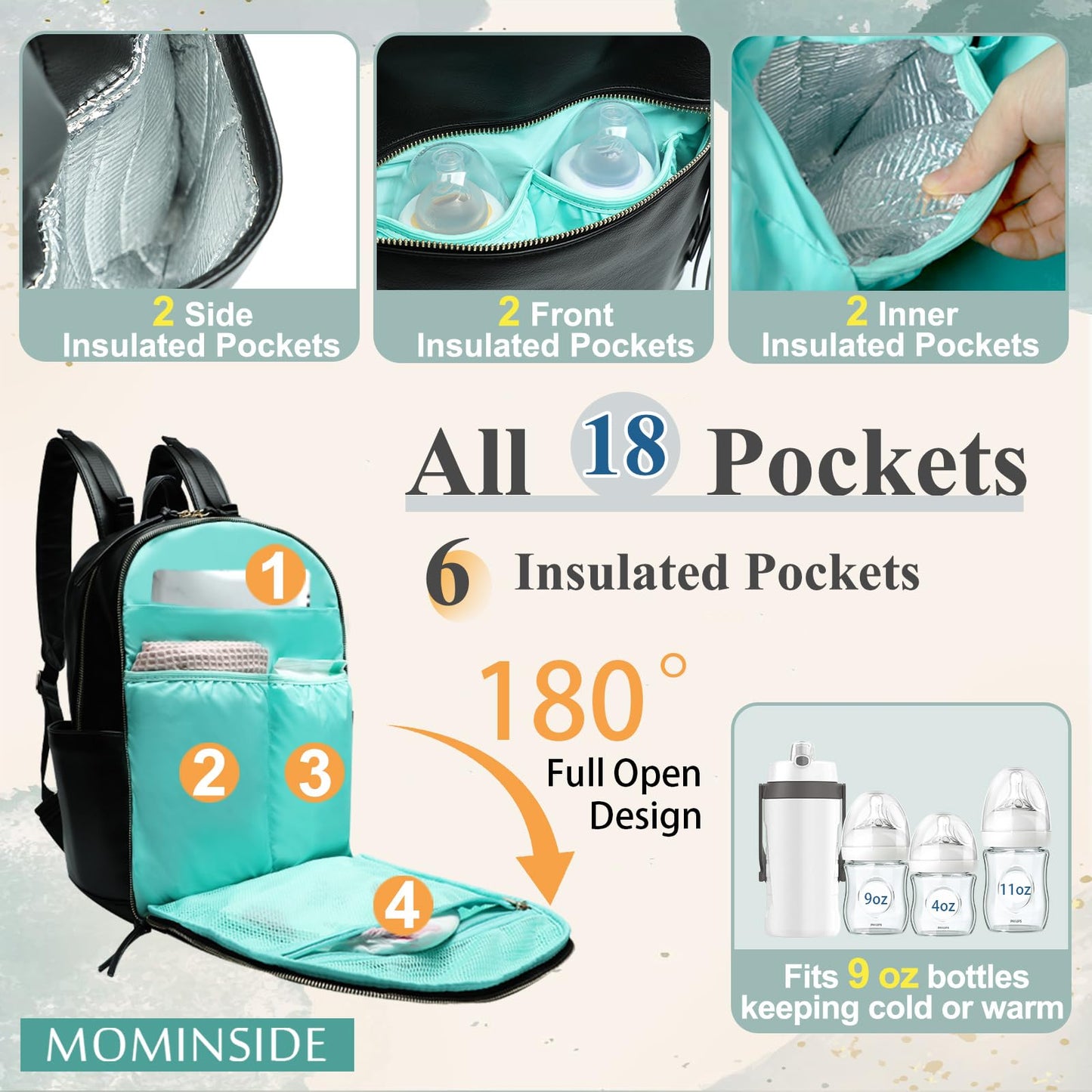 MOMINSIDE Diaper Bag Backpack Leather Diaper Bag with 6 Insulated Pockets, Baby Bag for Mom Dad, Baby Registry, Changing Pad, Stroller Straps,Diaper Backpack Diaper Bag Leather (Black)