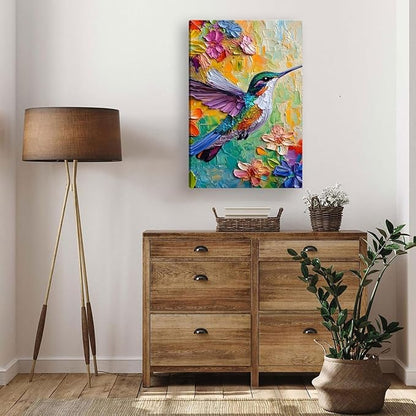 2D No Texture Colorful Painting Hummingbird Canvas Wall Art, Spring Flower Wall Decor, Hummingbird Picture for Wall Living Room Bathroom Bedroom Home Decoration 12*18 in (Stretched Canvas on A Wooden Frame)