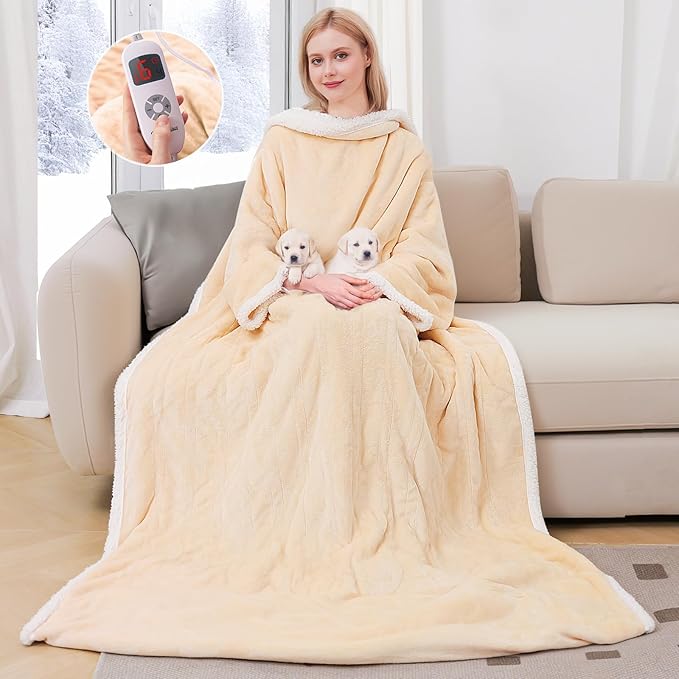 Heated Blanket with Sleeves, Wearable Electric Heated Blanket for Gifts, Electric Throw Wrap Poncho Shawl with Pockets, 6 Heating Levels & 4 Hours Time Settings, 50 x 70 Inch (Beige)