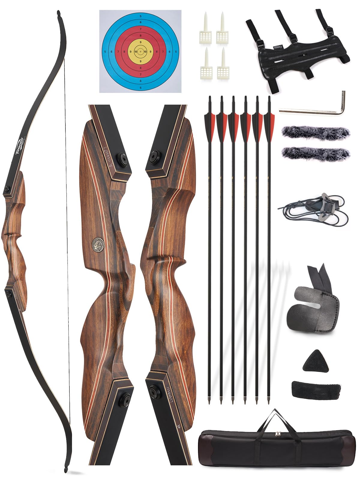 TOPARCHERY Recurve Bow Set for Adult & Beginner, 60" Wooden Takedown Recurve Hunting Bow for Outdoor Training Practice Right Handed 25-60LB (Brown, Right Hand, 30, Pounds)